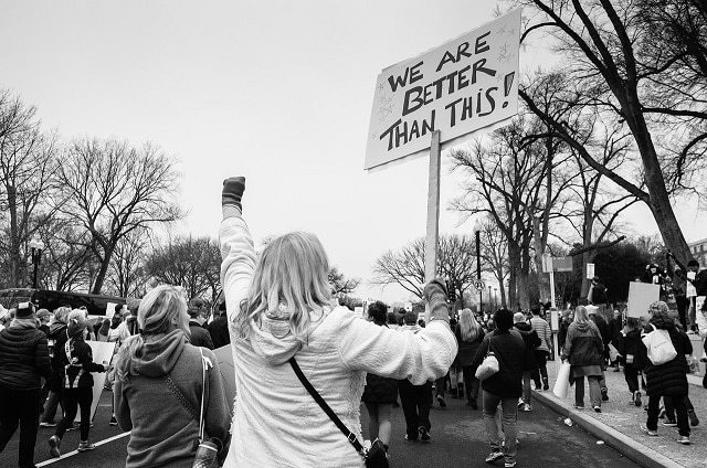 A black-and-white image of a protest
