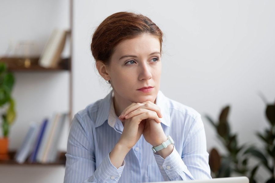 Thoughtful Serious Pensive Businesswoman Lost Deep In Thoughts