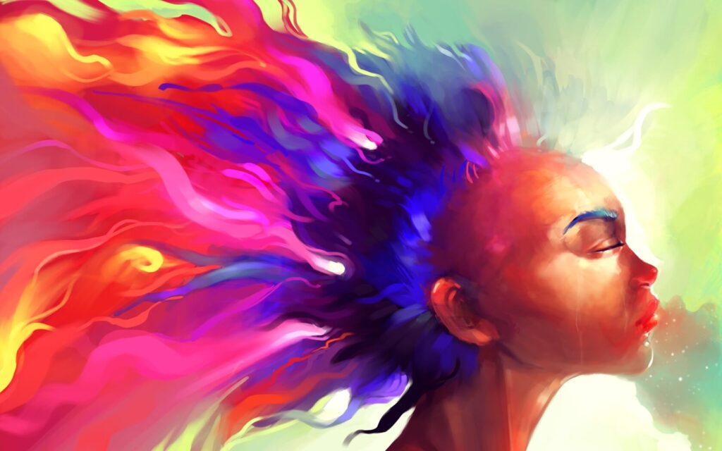 An illustration and artwork of a woman in abstract colors