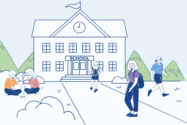 An illustration and art of people visiting school
