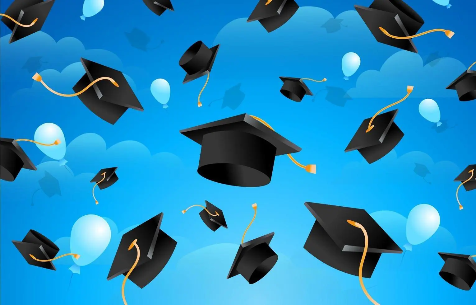 A graphically designed image of multiple graduation caps