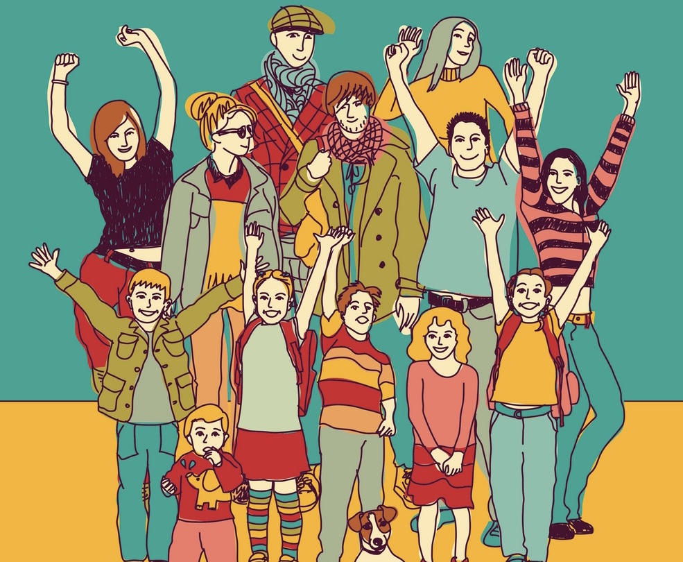 A graphic sketch of multiple people posing for a picture