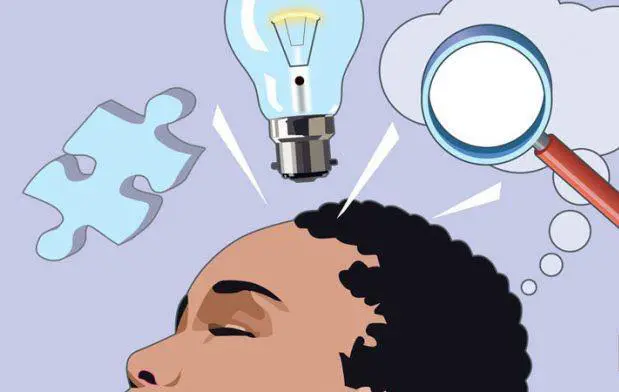 A graphic image of a person’s head with a light bulb on top and other elements