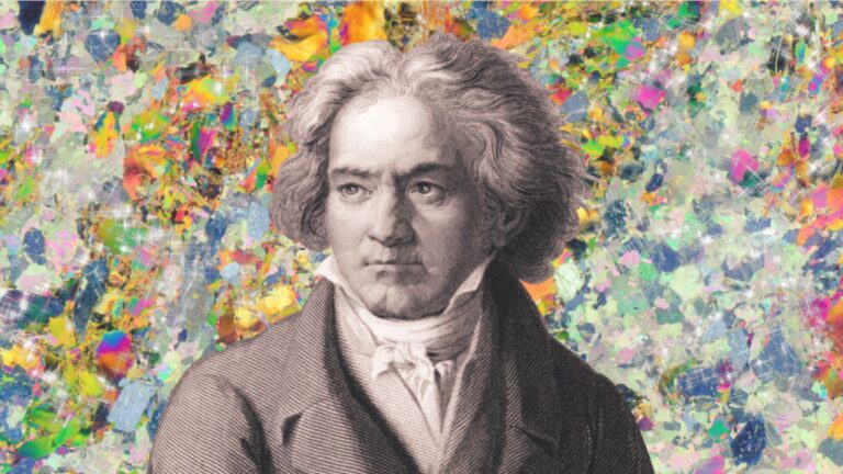 A black and white photo of beethoven with colorful background