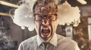 A man screaming with smoke emanating from his ears, illustrating a comical yet vivid depiction of overwhelming anger and frustration.