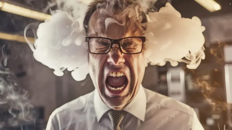 A man screaming with smoke emanating from his ears, illustrating a comical yet vivid depiction of overwhelming anger and frustration.