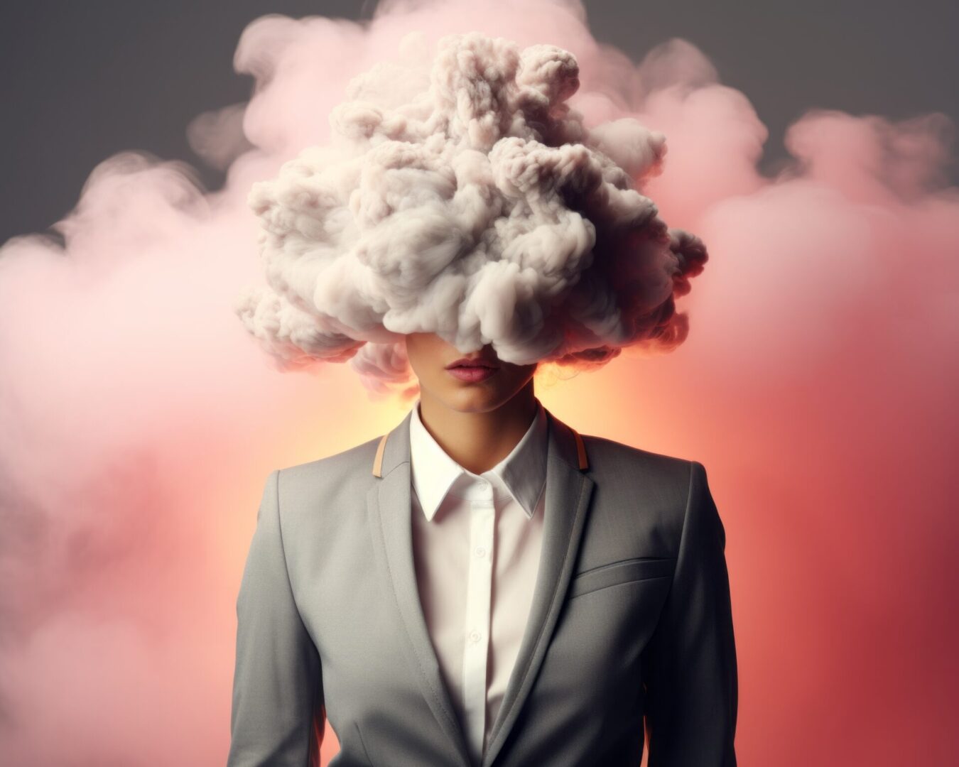 A women with her head in the clouds leading through chaos.