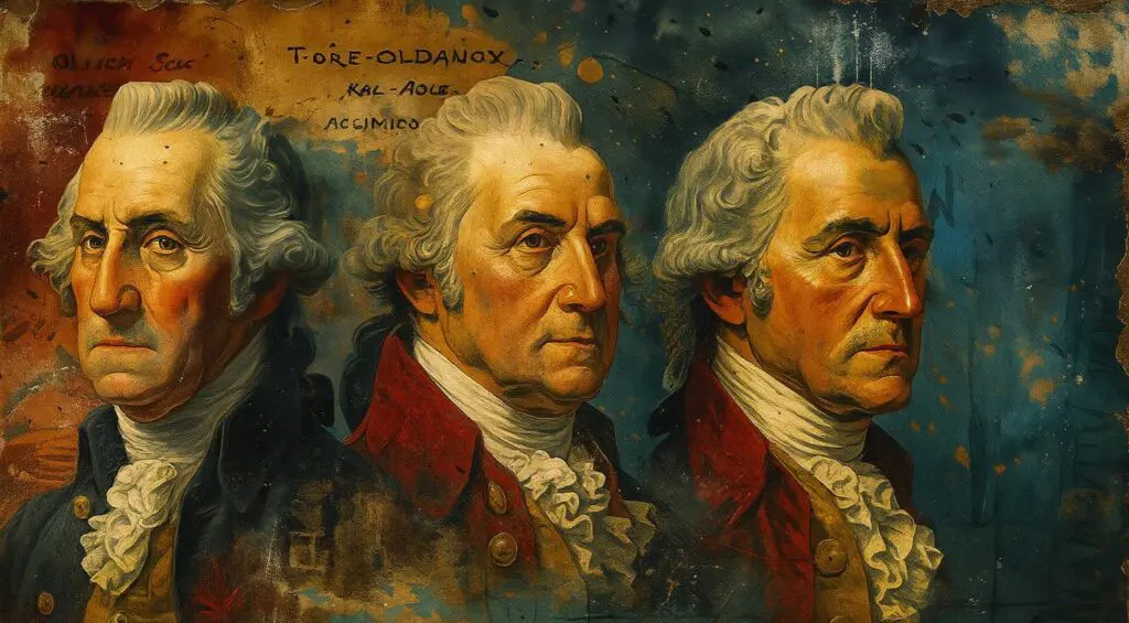 Founding Fathers depicted with historical textures reflecting the leadership patterns that shaped a nation.
