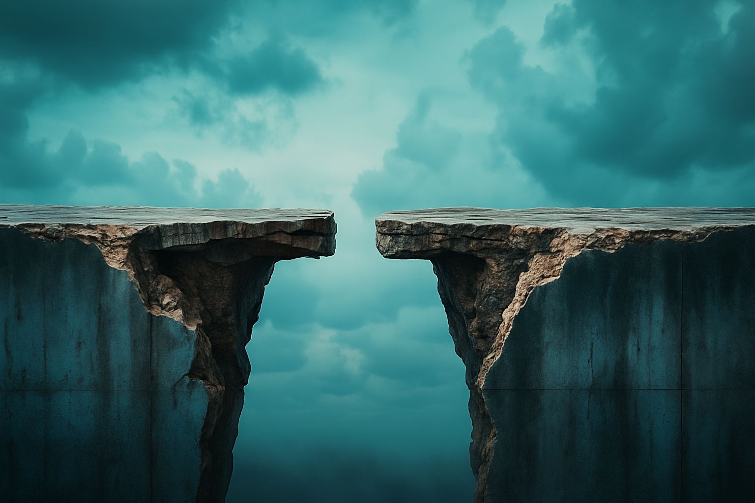 A dramatic gap between two broken cliffs under stormy skies, symbolizing the communication breakdown and disconnection caused by mistakes leaders make.