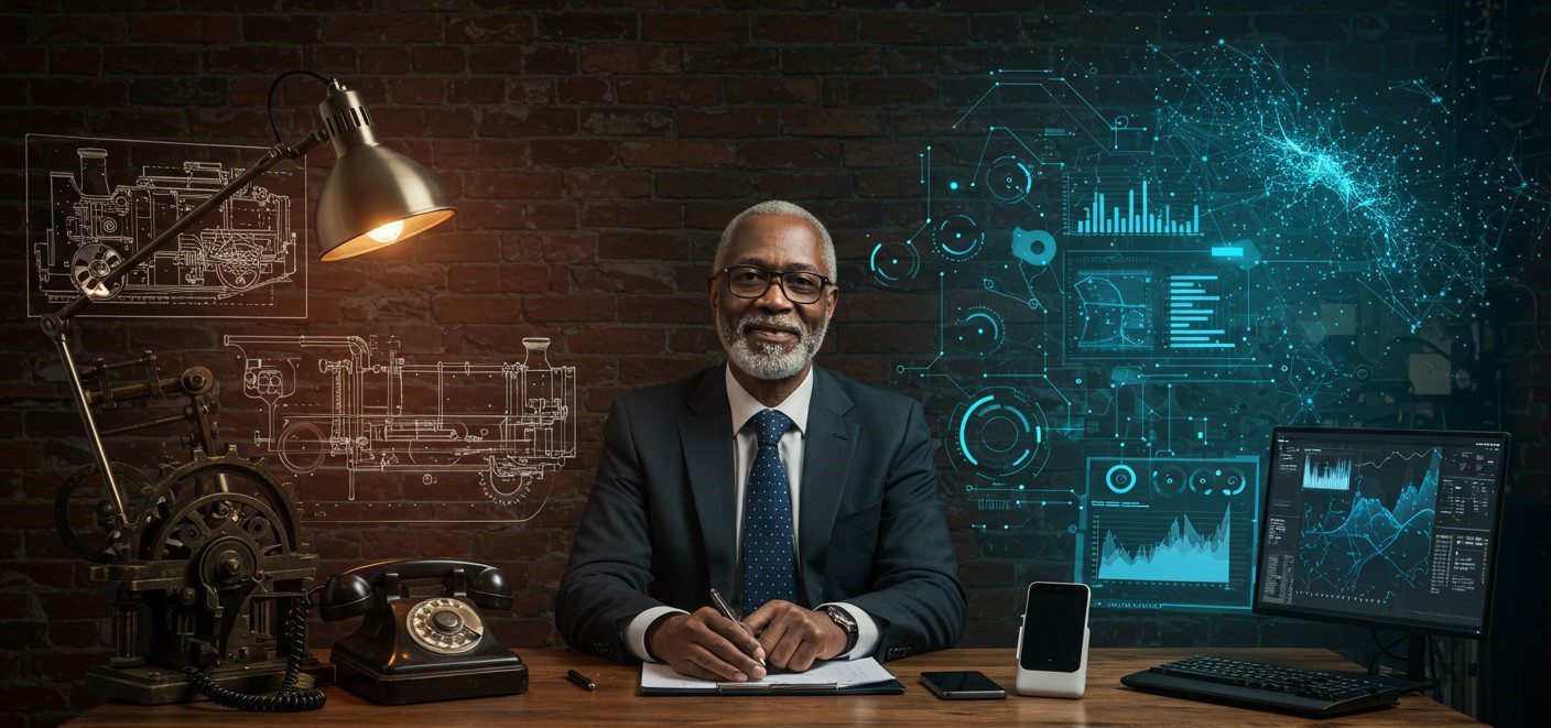 Business leader navigating change from Industrial Revolution to AI era — a visual metaphor for chaos fatigue and pattern transformation
