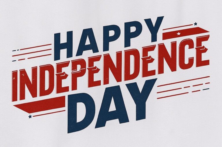 Happy Independence Day graphic with bold patriotic text declaring personal freedom and empowerment — “Happy Independence Day” in red and blue against a white textured background.
