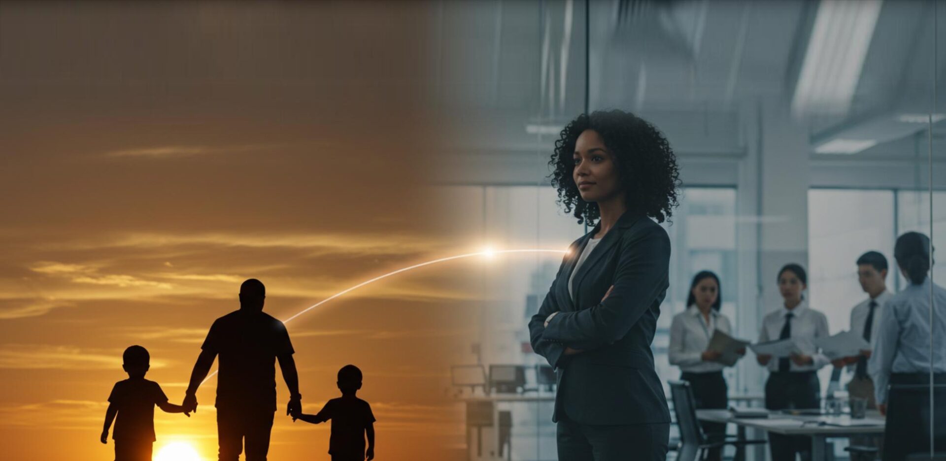 Split-screen image showing a children with a father figure transitioning to the same person as a confident business leader in a modern office, illustrating how fathers shape leaders.