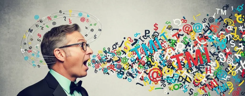 A man in office attire illustrating oversharing at work with colorful letters and symbols swirling from his mouth and around his head.