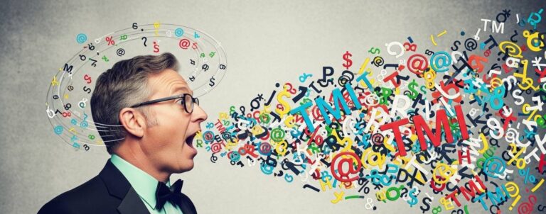 A man in office attire illustrating oversharing at work with colorful letters and symbols swirling from his mouth and around his head.