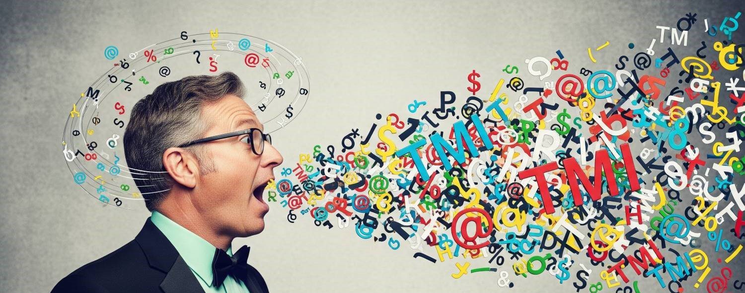 A man in office attire illustrating oversharing at work with colorful letters and symbols swirling from his mouth and around his head.