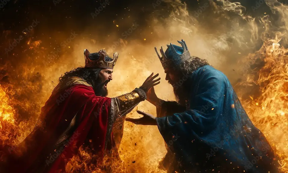 Two mythical kings clash in a surreal fantasy realm, embodying invisible patterns of power—one channeling fire, the other arcane energy amid cosmic chaos.