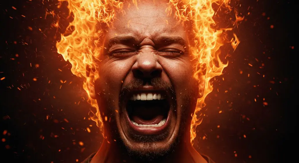 An intense close-up of a man's face screaming in fury, his head completely engulfed in flames symbolizing addiction to being right.