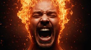 An intense close-up of a man's face screaming in fury, his head completely engulfed in flames symbolizing addiction to being right.