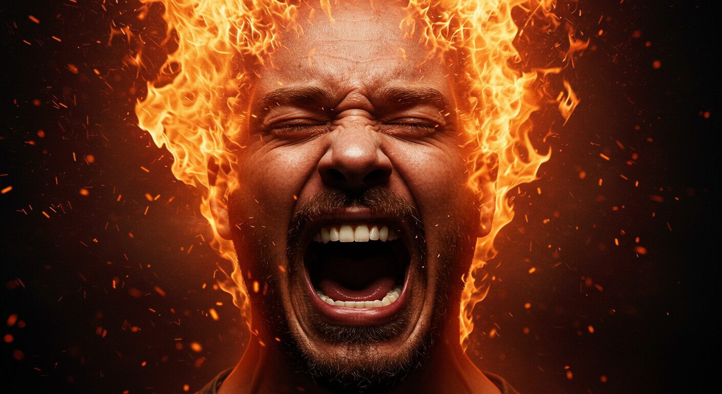 An intense close-up of a man's face screaming in fury, his head completely engulfed in flames symbolizing addiction to being right.