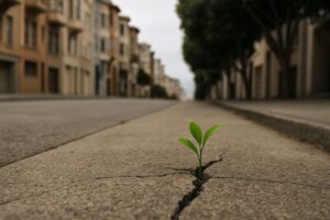 A green sprout growing through cracked concrete on a steep San Francisco sidewalk, symbolizing how curiosity transforms stress into growth.