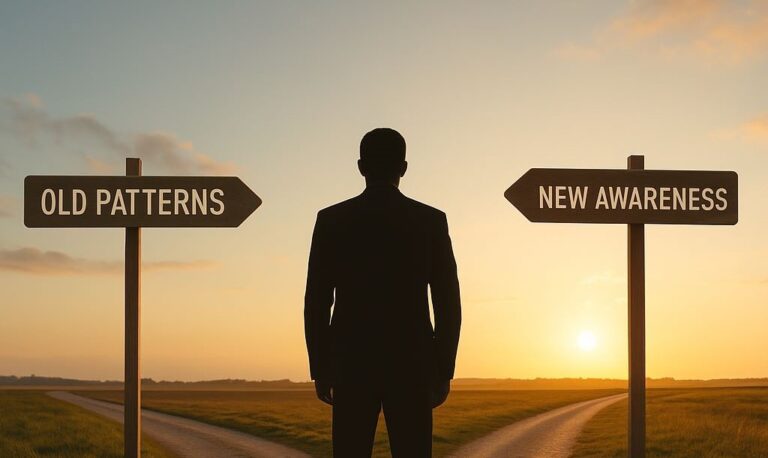 A silhouetted business leader stands at a crossroads at sunset, with directional signs reading “Old Patterns” and “New Awareness,” symbolizing a leadership choice.
