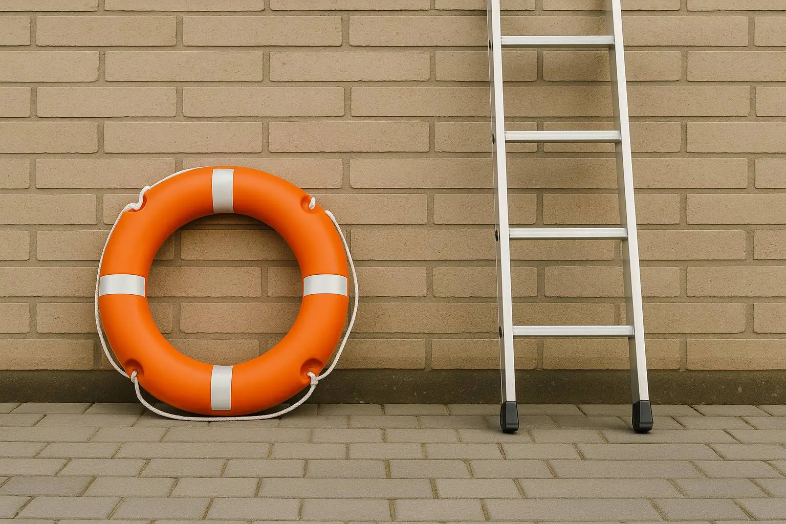 A bright orange lifesaver and a silver ladder side by side on a paved surface, symbolizing the shift from rescuer to mentor.