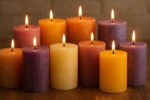 Lit memorial candles in warm colors symbolizing navigating grief after tragedy.