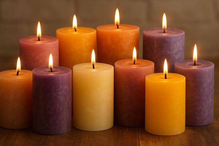 Lit memorial candles in warm colors symbolizing navigating grief after tragedy.