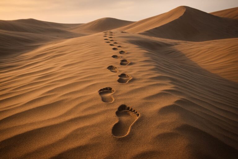Footsteps winding through shifting desert sand at sunrise, symbolizing leadership communication skills through direction, clarity, and forward motion.