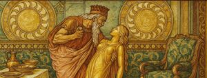 Illustration of King Midas turning his daughter into gold, symbolizing the tragedy of valuing net worth over human worth.