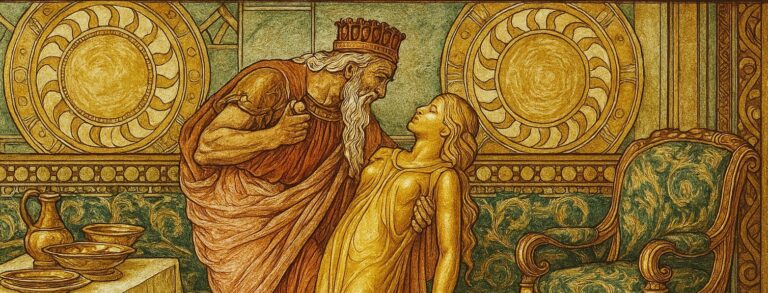 Illustration of King Midas turning his daughter into gold, symbolizing the tragedy of valuing net worth over human worth.