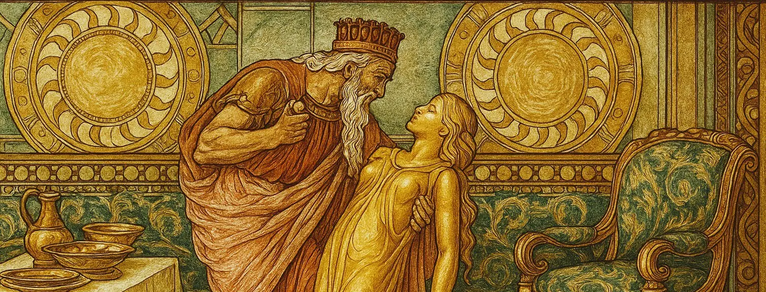 Illustration of King Midas turning his daughter into gold, symbolizing the tragedy of valuing net worth over human worth.