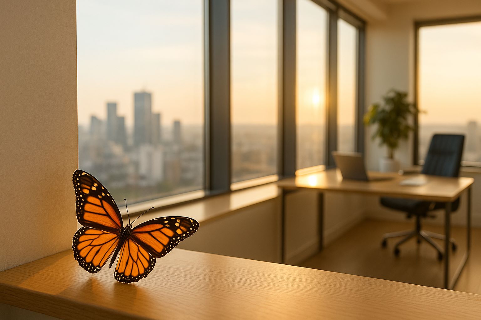 A butterfly resting on a windowsill in a modern sunlit office, symbolizing transformation and living your best life.