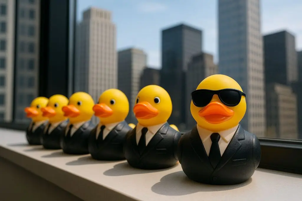 A row of yellow rubber ducks dressed in business suits lined up on an office windowsill with a busy downtown skyline in the background, one duck facing forward in sunglasses, symbolizing The Ridicule Factor and the courage to stand out when leaving a company that no longer meets your needs.