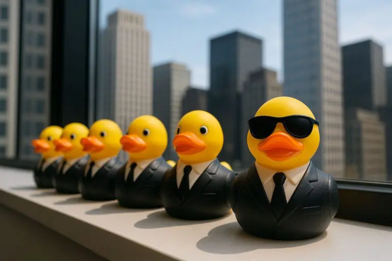 A row of yellow rubber ducks dressed in business suits lined up on an office windowsill with a busy downtown skyline in the background, one duck facing forward in sunglasses, symbolizing The Ridicule Factor and the courage to stand out when leaving a company that no longer meets your needs.
