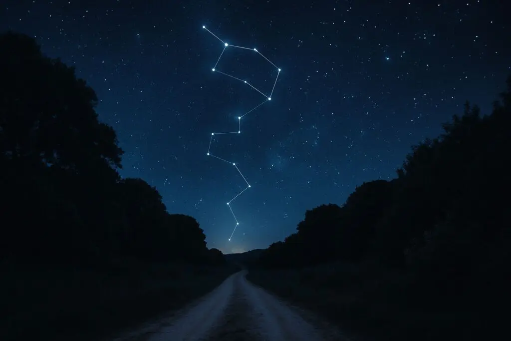 A glowing constellation in a night sky above a quiet forest path, symbolizing the difference between coincidence and synchronicity as patterns that reveal hidden meaning.