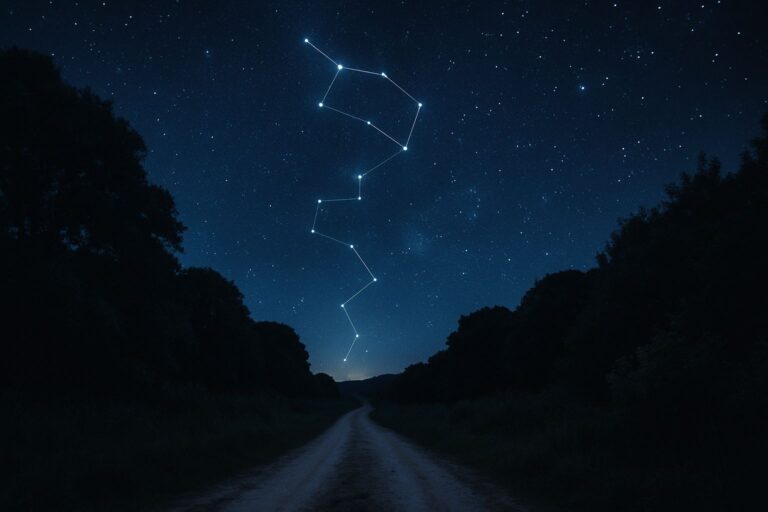 A glowing constellation in a night sky above a quiet forest path, symbolizing the difference between coincidence and synchronicity as patterns that reveal hidden meaning.