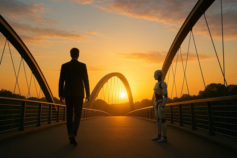 A leader walking across a bridge toward sunrise while an AI robot stands still, symbolizing personal growth as the real power move in the age of AI.