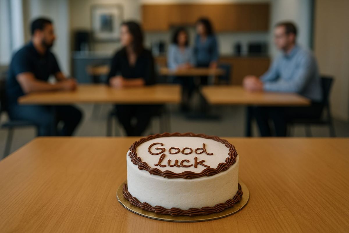 Resignation cake with hastily written 'Good luck' message sits untouched in office break room while employees remain distant, symbolizing poor employee termination communication.