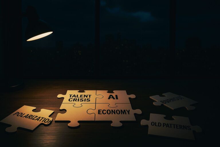 Wooden table under desk lamp with puzzle pieces labeled Talent Crisis, AI, Economy, Burnout, Polarization, Old Patterns, partly assembled to represent top leadership concerns.