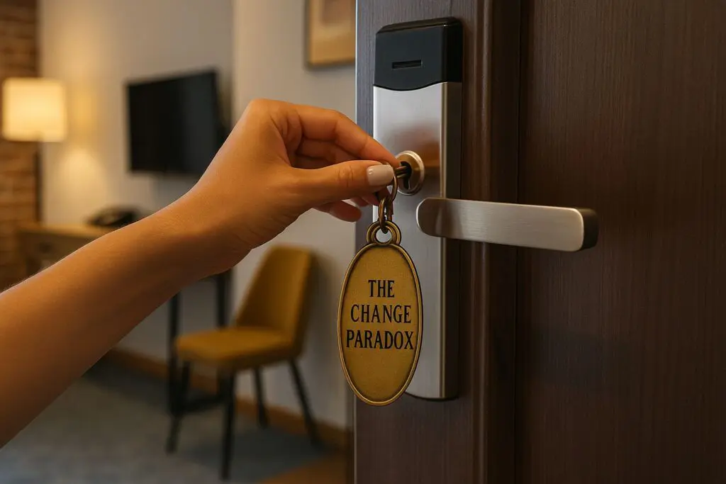 A photo of a woman's hand holding a vintage key labeled "The Change Paradox" as it unlocks a modern hotel door, symbolizing the paradox of change