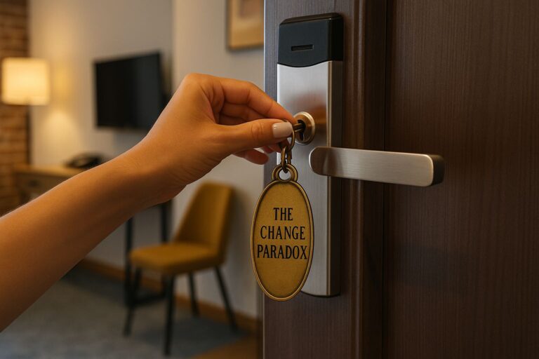 A photo of a woman's hand holding a vintage key labeled "The Change Paradox" as it unlocks a modern hotel door, symbolizing the paradox of change