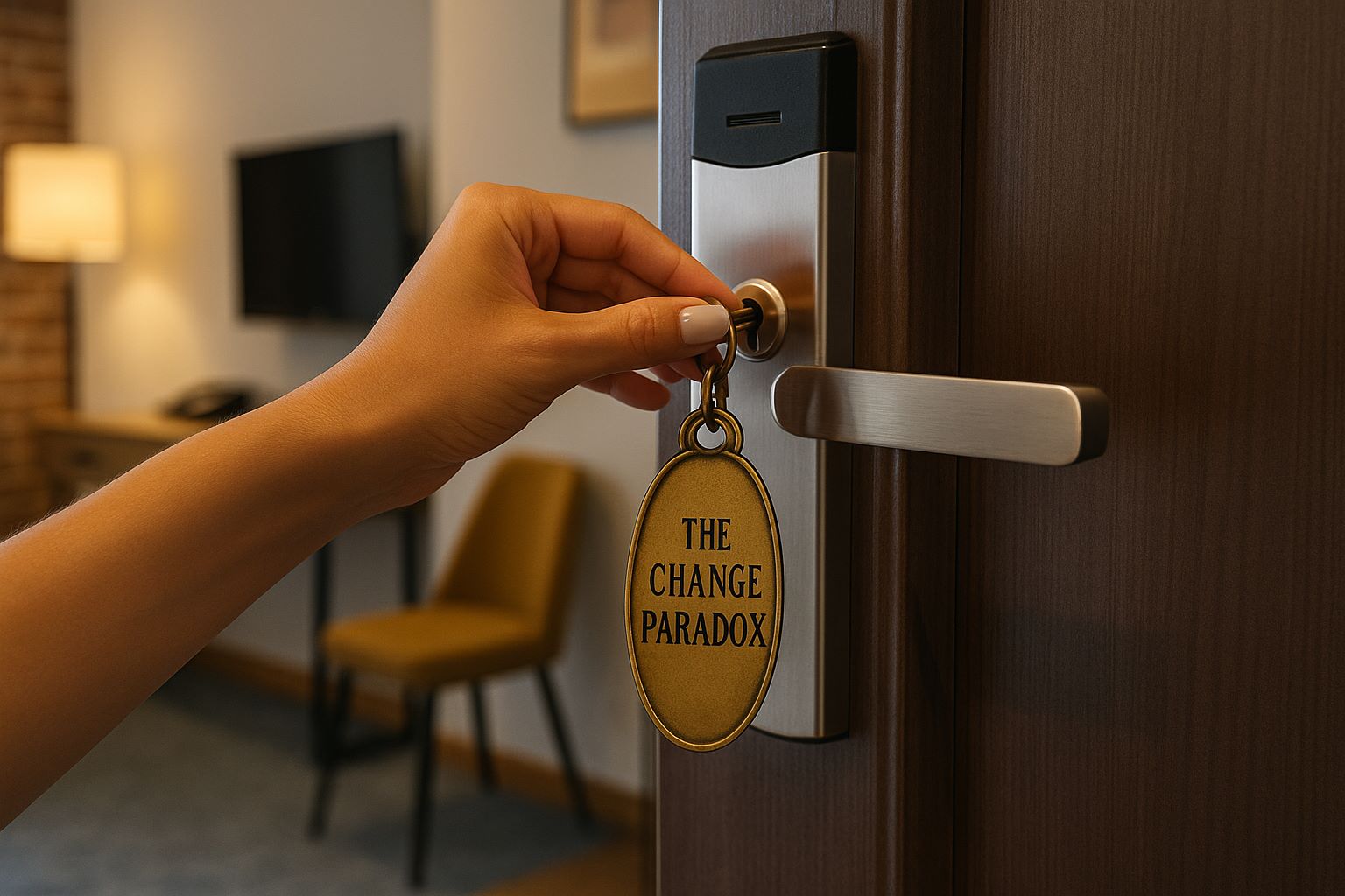 A photo of a woman's hand holding a vintage key labeled "The Change Paradox" as it unlocks a modern hotel door, symbolizing the paradox of change