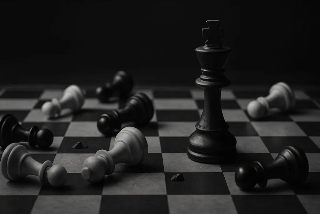 A single king chess piece stands upright on a chessboard surrounded by fallen black and white pieces, symbolizing the isolation of ego-driven leadership.
