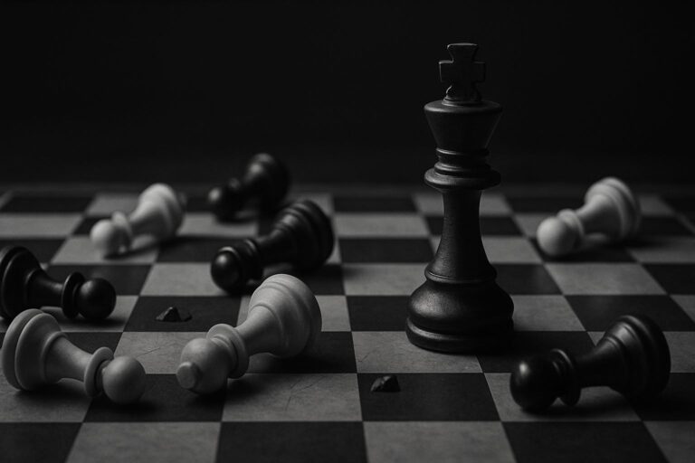 A single king chess piece stands upright on a chessboard surrounded by fallen black and white pieces, symbolizing the isolation of ego-driven leadership.