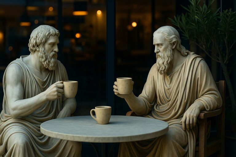 Statues of Greek philosophers sharing coffee, symbolizing dialogue in leadership and the power of listening to understand.