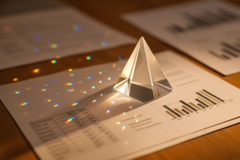 A crystal prism on a desk scattering rainbow glimmers of light across business papers, symbolizing leaders trusting glimmers for guidance.