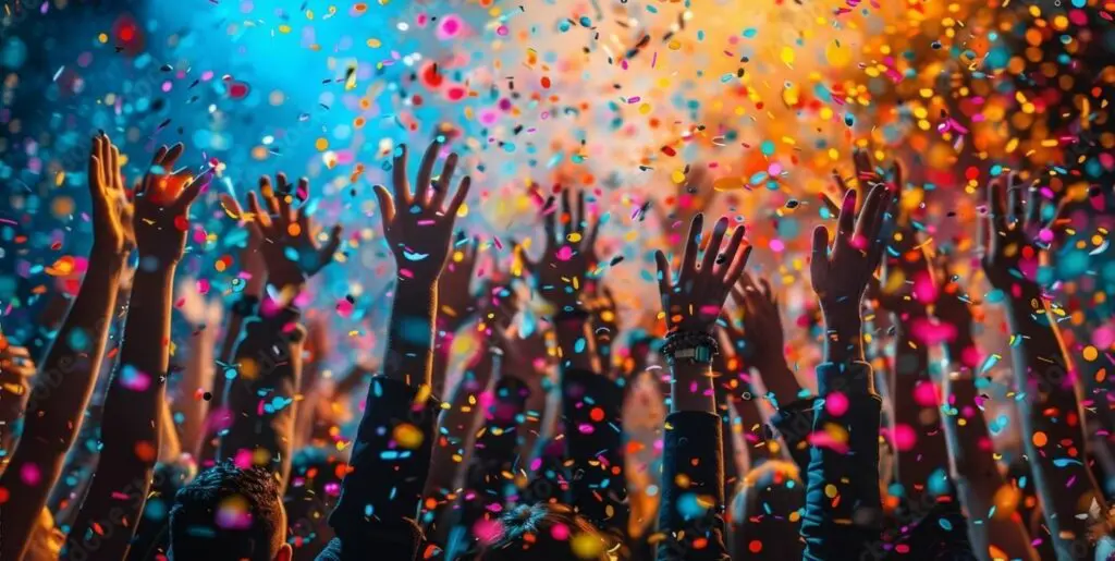Colorful celebration with raised hands reaching through flying confetti, symbolizing courage, connection, and Leadership Without Fear.