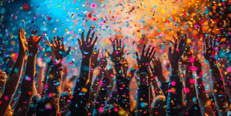 Colorful celebration with raised hands reaching through flying confetti, symbolizing courage, connection, and Leadership Without Fear.