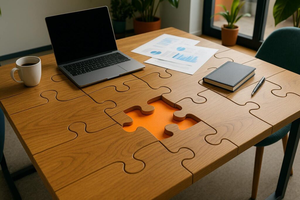 A modern office desk designed like a puzzle with one colorful piece missing, symbolizing what’s missing in today’s workplace.